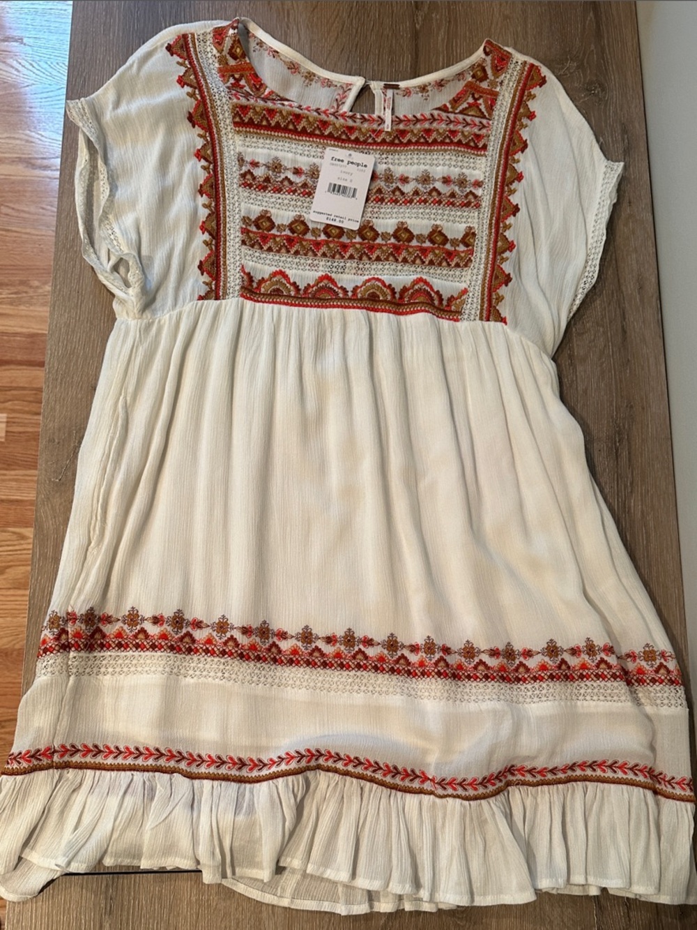 NWT Free People Cream Embroidered Boho Dress with Red Accents S